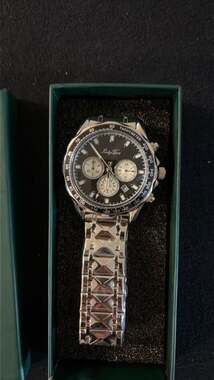 Lucky Fours Chronograph Watch Silver Black Dial Stainless Steel New